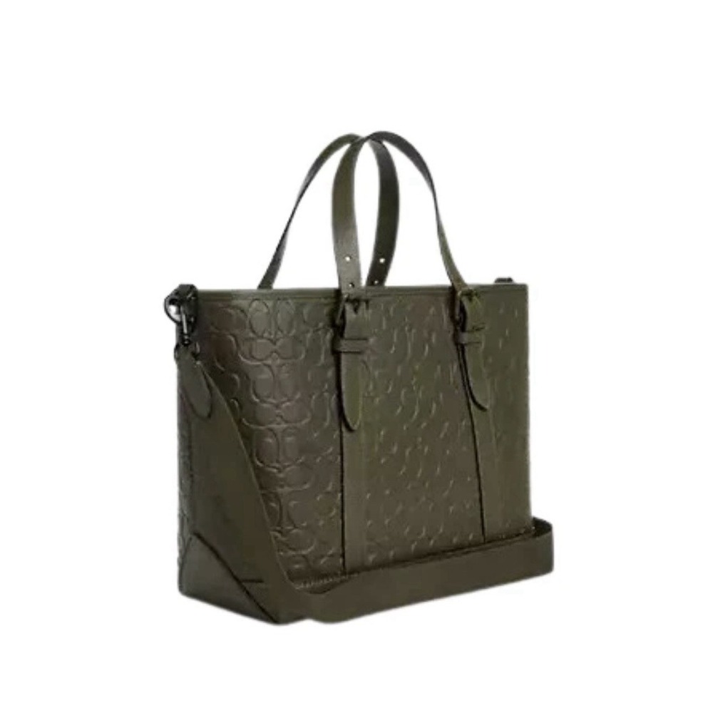 Coach WARNER TOTE BAG IN SIGNATURE LEATHER Olive Color New - Picture 2 of 3